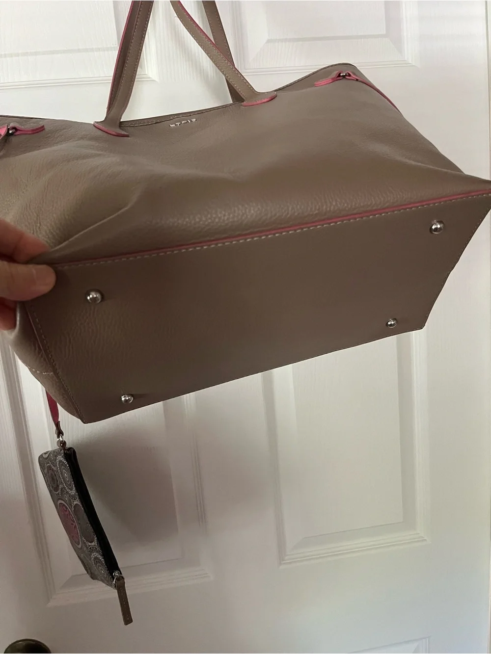 LODIS Bliss Taupe/Tan/Brown Pebbled Leather Tote, Pink Trim, approx 17”wx12”h